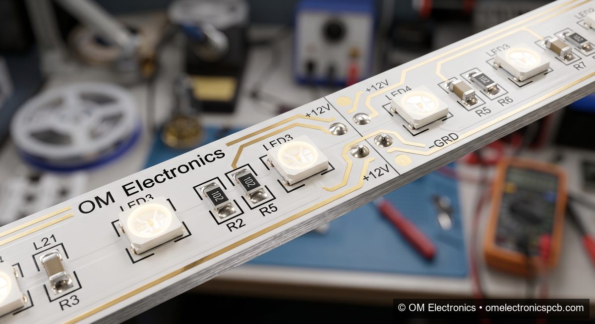 LED strip on aluminum metal core PCB - OM Electronics India Aluminum LED strip PCB with SMD LEDs manufactured by OM Electronics, LED PCB manufacturer in Punjab India